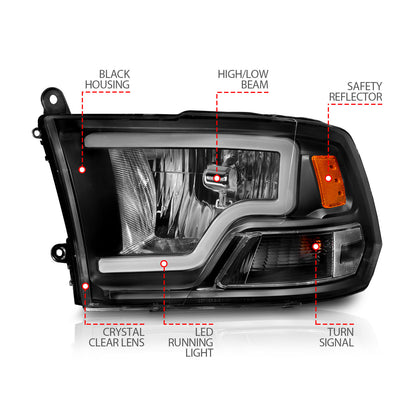 Crystal Headlight Pair Set W/ Light Bar Style Black Housing Clear LensRam 1500/2500/3500 2011-2018 AnzoUSA-3