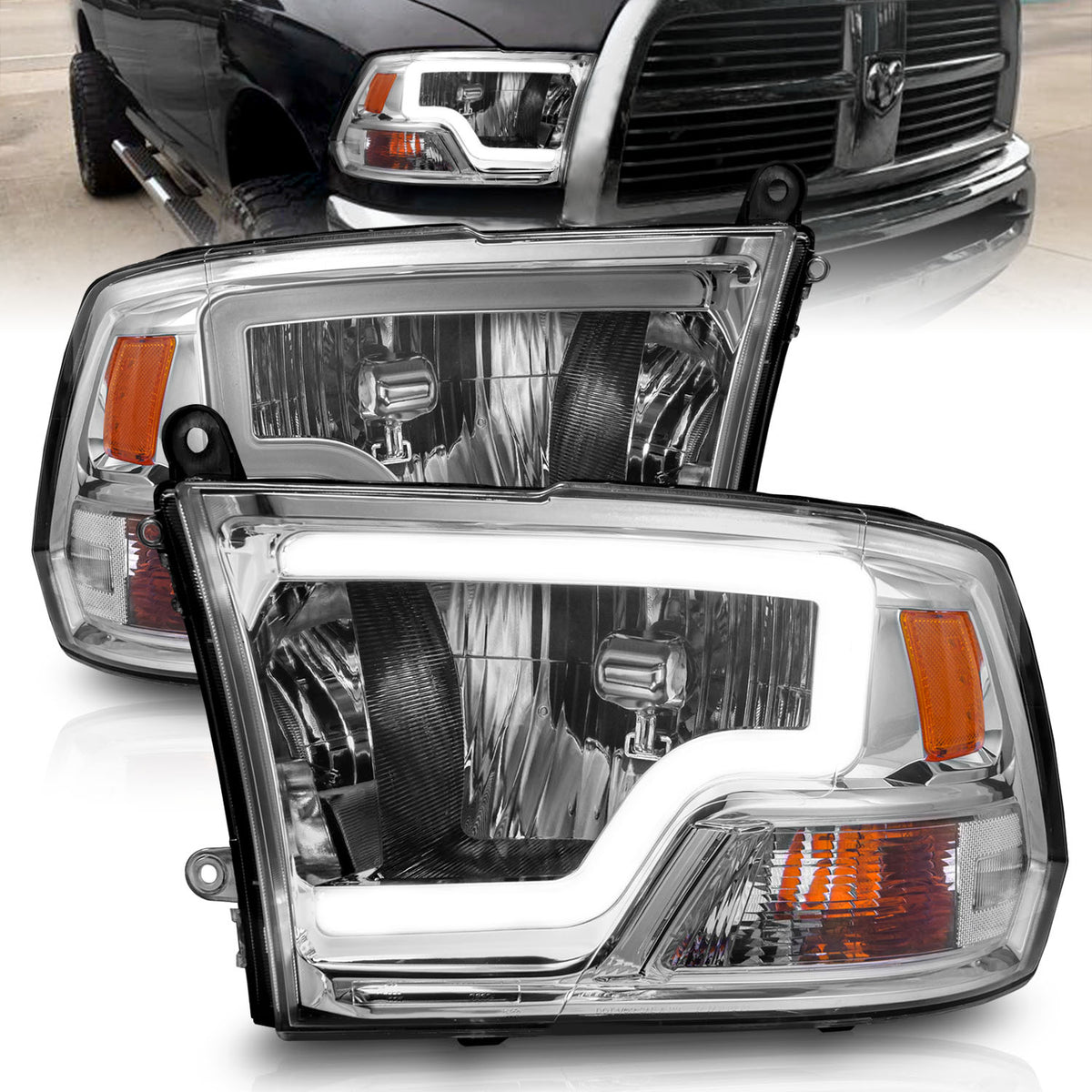 Crystal Headlight Set W/ Light Bar Style Chrome Housing Clear Lens PairRam 1500/2500/3500 2011-2018 AnzoUSA