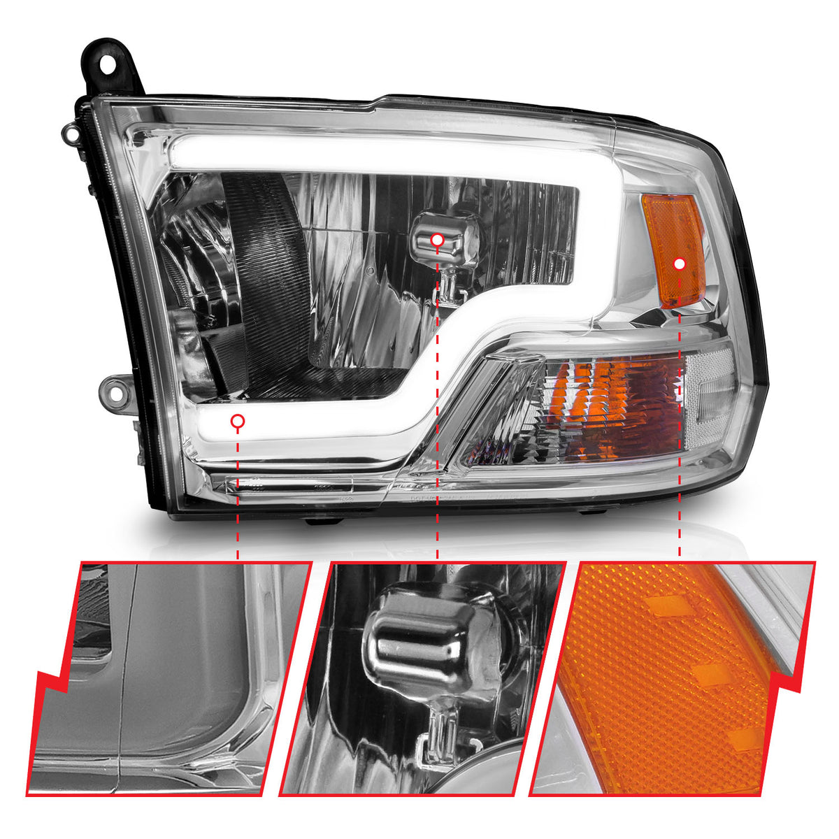 Crystal Headlight Set W/ Light Bar Style Chrome Housing Clear Lens PairRam 1500/2500/3500 2011-2018 AnzoUSA-2