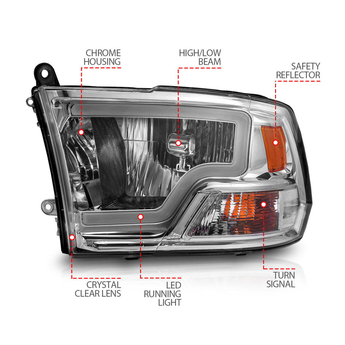 Crystal Headlight Set W/ Light Bar Style Chrome Housing Clear Lens PairRam 1500/2500/3500 2011-2018 AnzoUSA-3