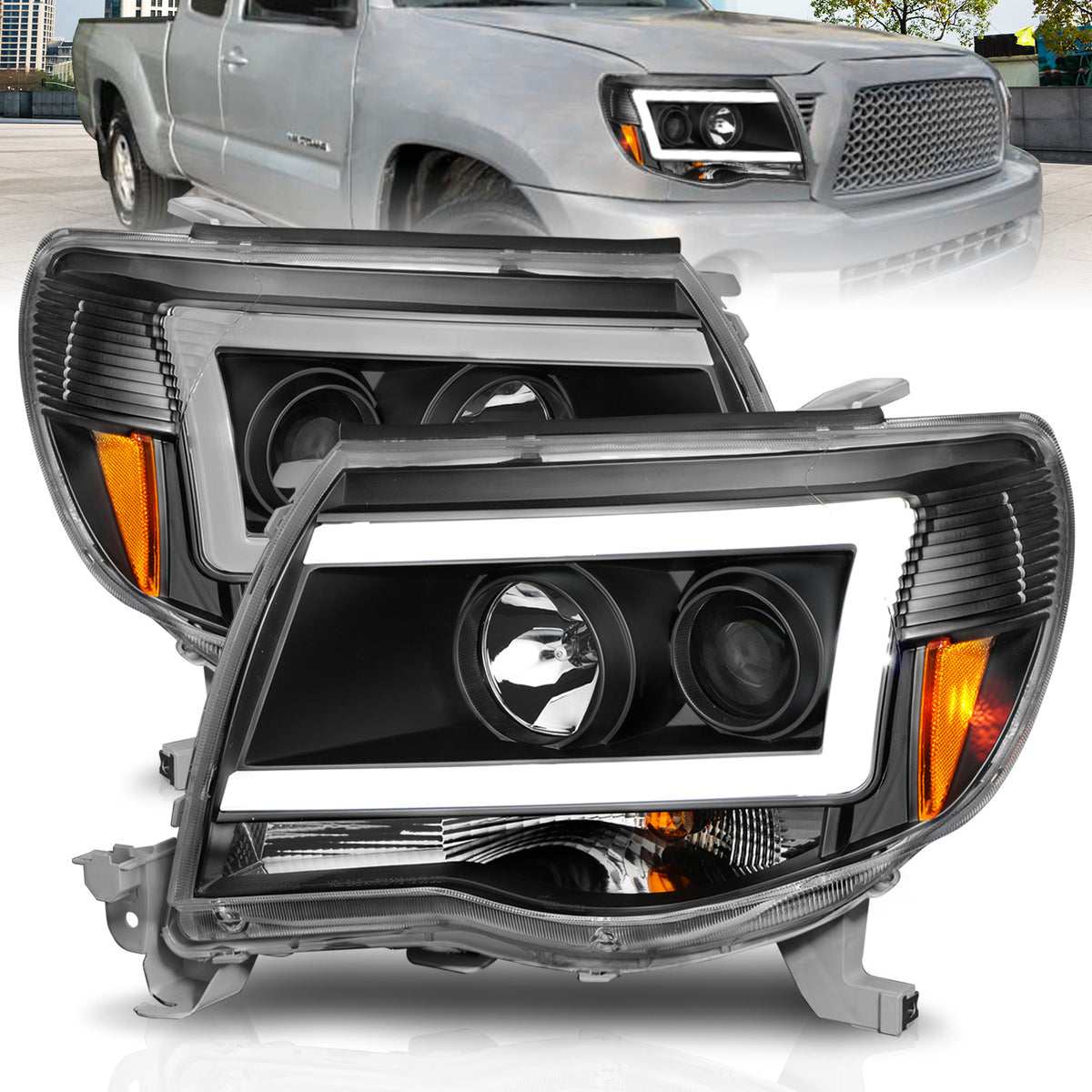 Black Housing Clear Lens Pair Projector Headlights W/ Plank Style Toyota Tacoma 2005-2011 AnzoUSA