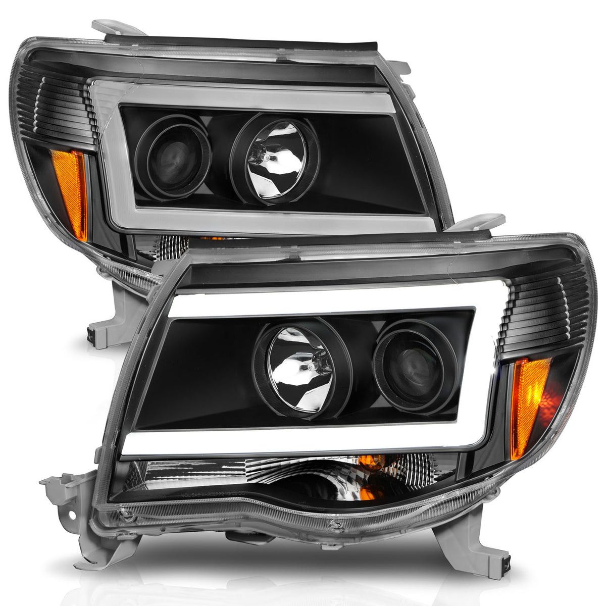 Black Housing Clear Lens Pair Projector Headlights W/ Plank Style Toyota Tacoma 2005-2011 AnzoUSA-1