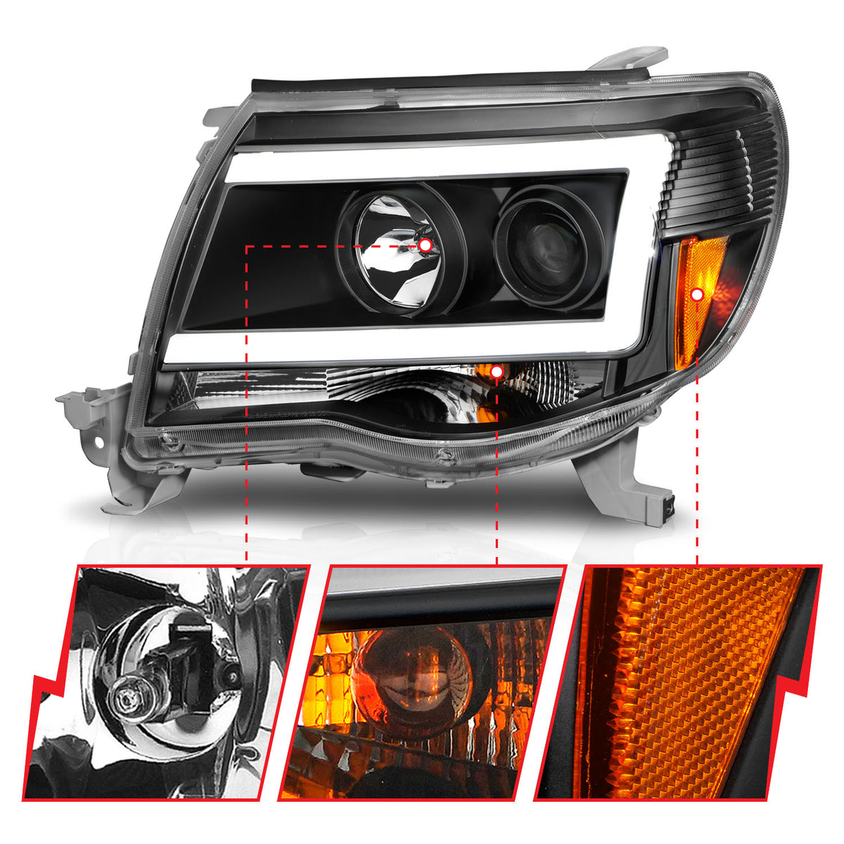Black Housing Clear Lens Pair Projector Headlights W/ Plank Style Toyota Tacoma 2005-2011 AnzoUSA-2