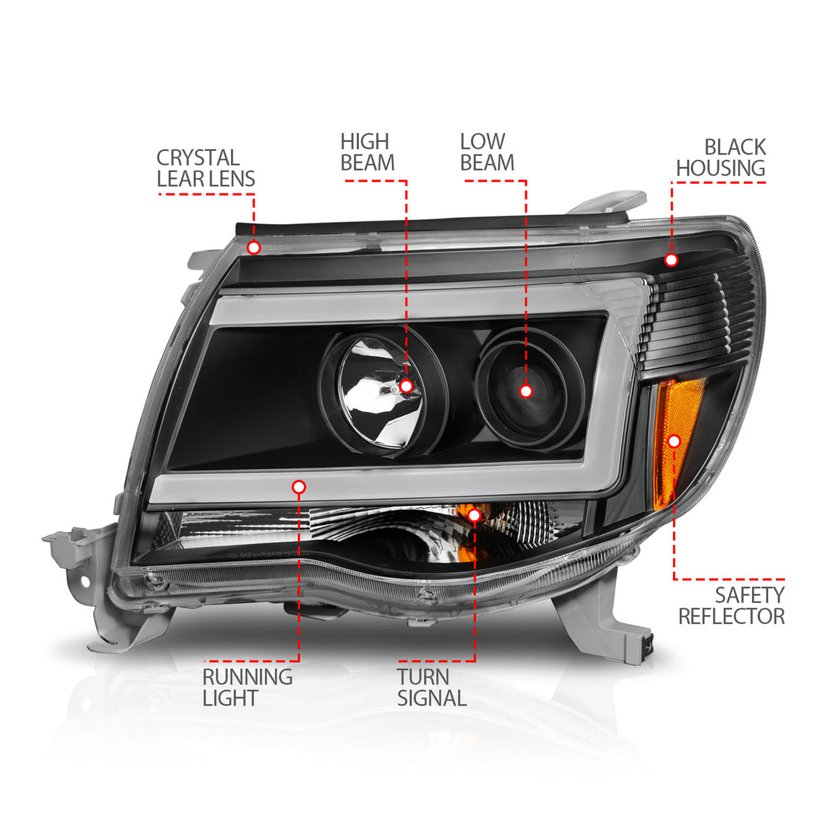 Black Housing Clear Lens Pair Projector Headlights W/ Plank Style Toyota Tacoma 2005-2011 AnzoUSA-3