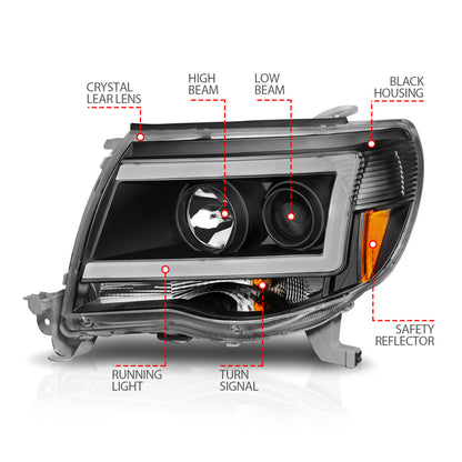 Black Housing Clear Lens Pair Projector Headlights W/ Plank Style Toyota Tacoma 2005-2011 AnzoUSA-3