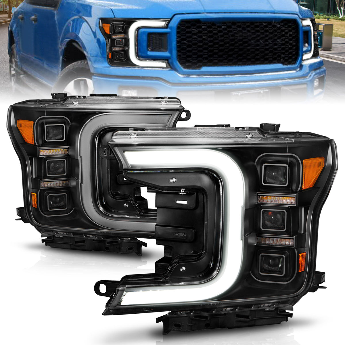 LED Projector Headlights W/ Light Bar Style Sequential Black Housing Clear Lens Pair Ford F-150 2018-2020 AnzoUSA