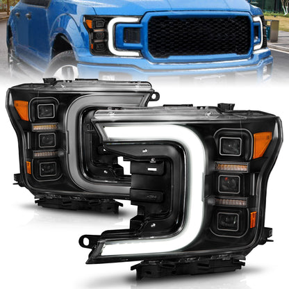 LED Projector Headlights W/ Light Bar Style Sequential Black Housing Clear Lens Pair Ford F-150 2018-2020 AnzoUSA