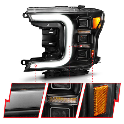 LED Projector Headlights W/ Light Bar Style Sequential Black Housing Clear Lens Pair Ford F-150 2018-2020 AnzoUSA-2