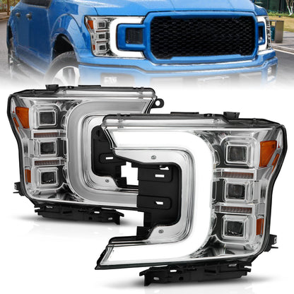 LED Projector Headlights W/ Light Bar Style Sequential Chrome Housing Clear Lens Pair Ford F-150 2018-2020 AnzoUSA