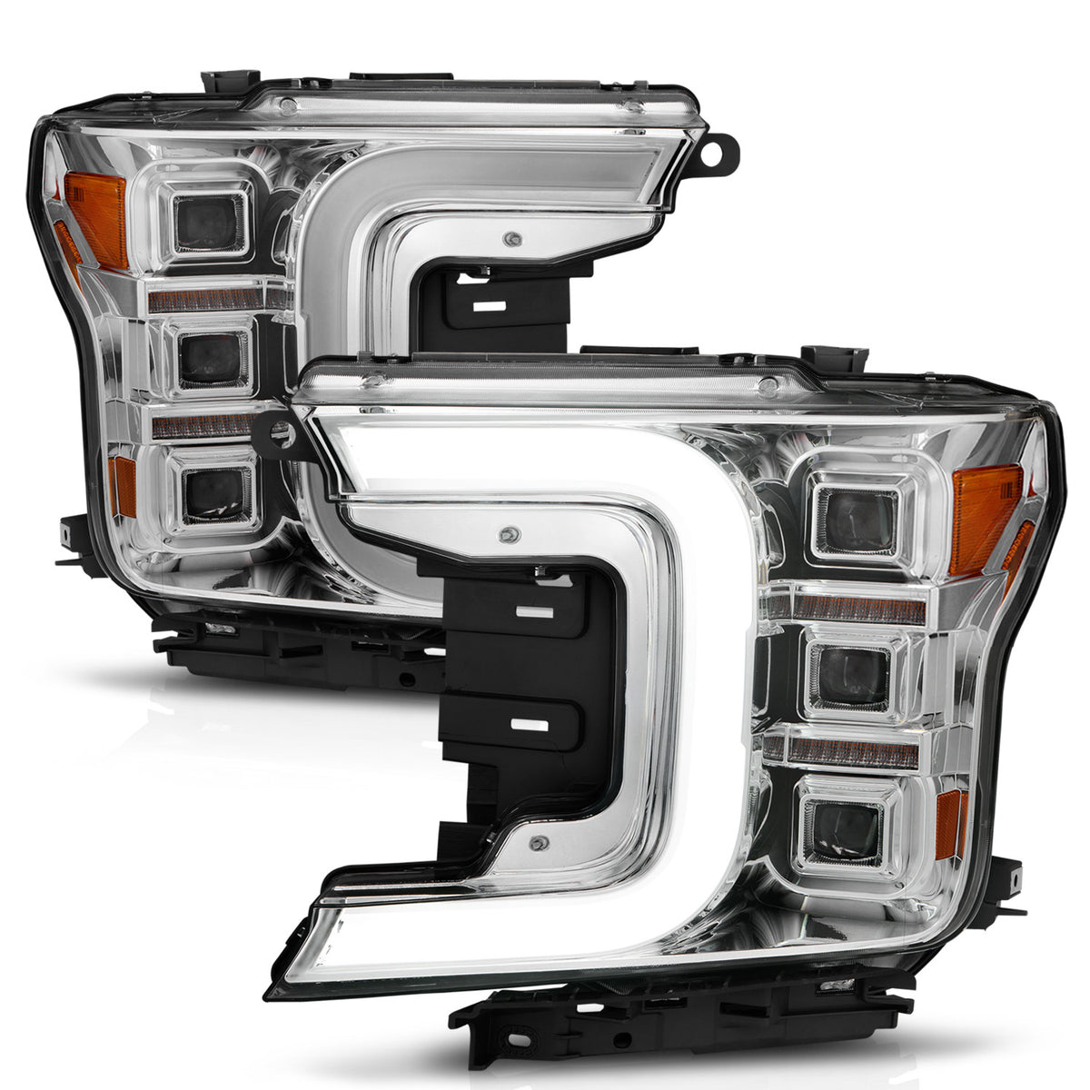 LED Projector Headlights W/ Light Bar Style Sequential Chrome Housing Clear Lens Pair Ford F-150 2018-2020 AnzoUSA-1