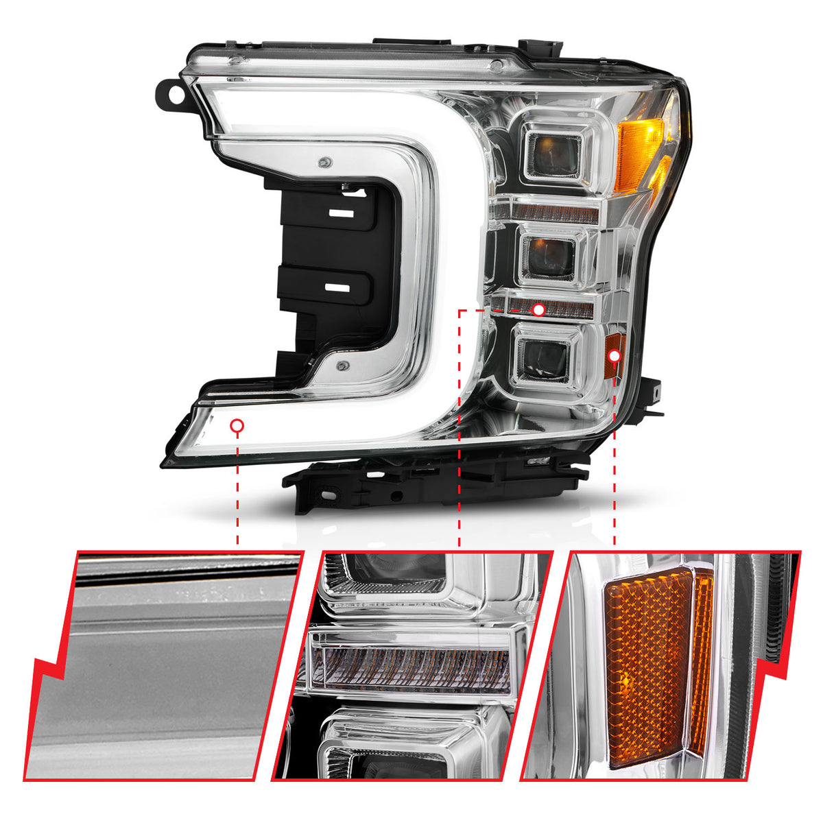 LED Projector Headlights W/ Light Bar Style Sequential Chrome Housing Clear Lens Pair Ford F-150 2018-2020 AnzoUSA-2