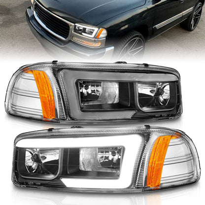 Crystal Headlight Set W/ Light Bar Style Black Housing Clear Lens Pair GMC C3500/K3500 1999-2000, GMC Sierra 1500 1999-2007, 1500 HD/2500 HD/3500 2001-2007, GMC Sierra 2500 1999-2004, GMC Yukon/XL 1500/XL 2500 2000-2006 AnzoUSA