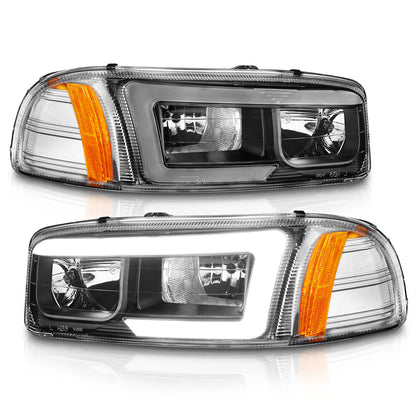 Crystal Headlight Set W/ Light Bar Style Black Housing Clear Lens Pair GMC C3500/K3500 1999-2000, GMC Sierra 1500 1999-2007, 1500 HD/2500 HD/3500 2001-2007, GMC Sierra 2500 1999-2004, GMC Yukon/XL 1500/XL 2500 2000-2006 AnzoUSA-1