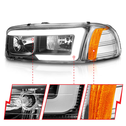 Crystal Headlight Set W/ Light Bar Style Black Housing Clear Lens Pair GMC C3500/K3500 1999-2000, GMC Sierra 1500 1999-2007, 1500 HD/2500 HD/3500 2001-2007, GMC Sierra 2500 1999-2004, GMC Yukon/XL 1500/XL 2500 2000-2006 AnzoUSA-2