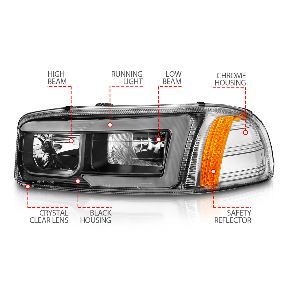 Crystal Headlight Set W/ Light Bar Style Black Housing Clear Lens Pair GMC C3500/K3500 1999-2000, GMC Sierra 1500 1999-2007, 1500 HD/2500 HD/3500 2001-2007, GMC Sierra 2500 1999-2004, GMC Yukon/XL 1500/XL 2500 2000-2006 AnzoUSA-3