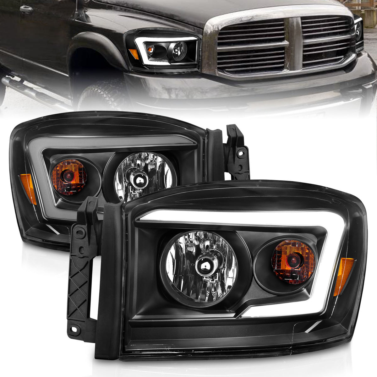 Crystal Headlight Set W/ Light Bar Style Switchback Chrome Housing Clear Lens Pair Dodge Ram 1500/2500/3500 2006-2008 AnzoUSA