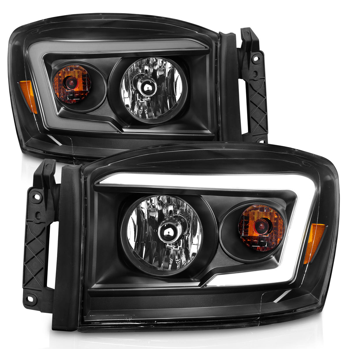 Crystal Headlight Set W/ Light Bar Style Switchback Chrome Housing Clear Lens Pair Dodge Ram 1500/2500/3500 2006-2008 AnzoUSA-1