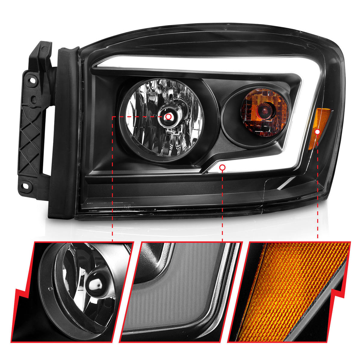 Crystal Headlight Set W/ Light Bar Style Switchback Chrome Housing Clear Lens Pair Dodge Ram 1500/2500/3500 2006-2008 AnzoUSA-2