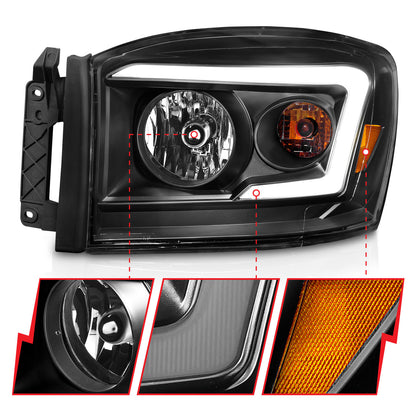 Crystal Headlight Set W/ Light Bar Style Switchback Chrome Housing Clear Lens Pair Dodge Ram 1500/2500/3500 2006-2008 AnzoUSA-2
