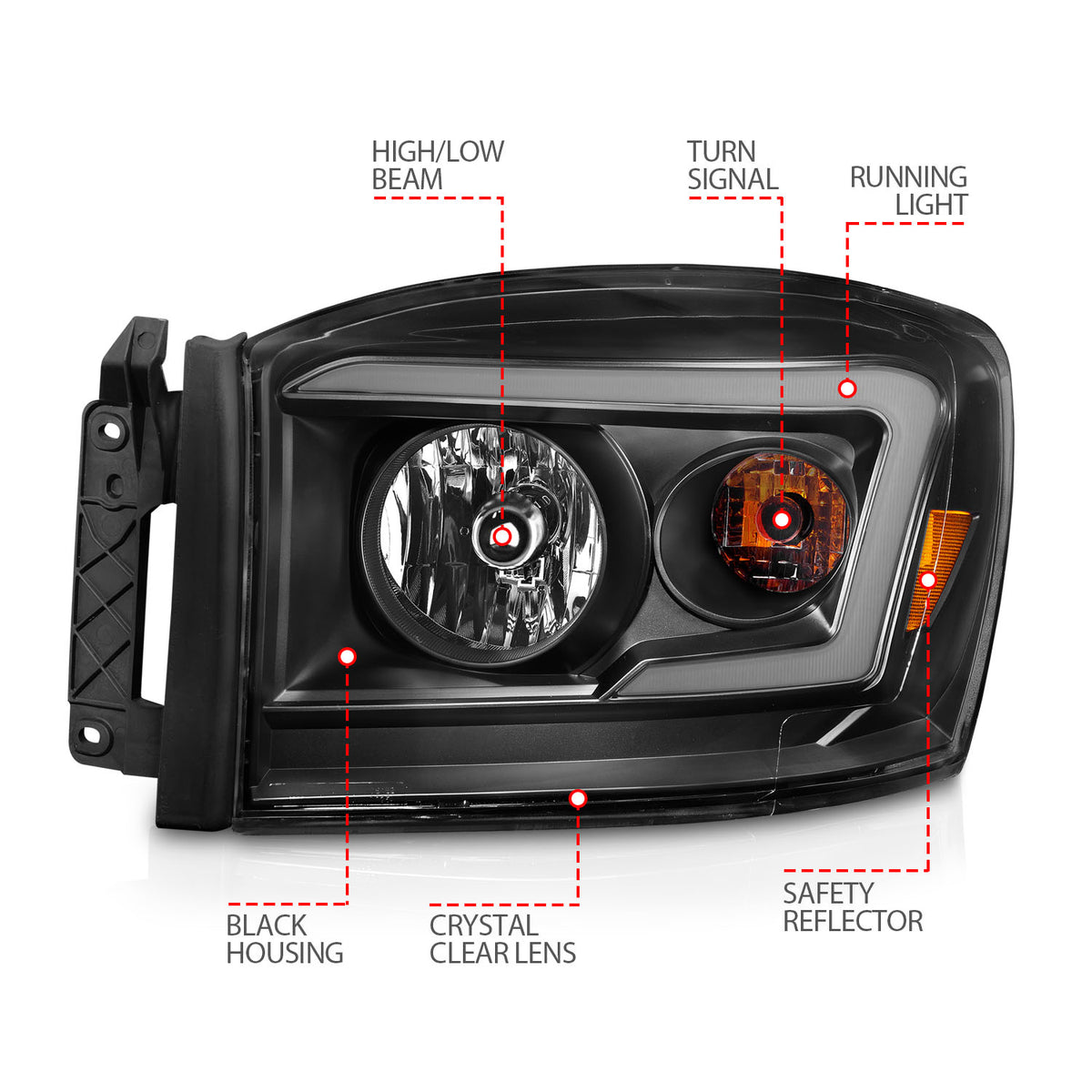 Crystal Headlight Set W/ Light Bar Style Switchback Chrome Housing Clear Lens Pair Dodge Ram 1500/2500/3500 2006-2008 AnzoUSA-3