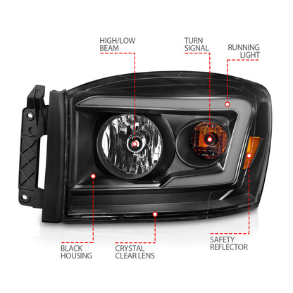 Crystal Headlight Set W/ Light Bar Style Switchback Chrome Housing Clear Lens Pair Dodge Ram 1500/2500/3500 2006-2008 AnzoUSA-3