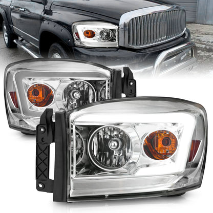 Crystal Headlight Set W/ Light Bar Style Chrome Housing Clear Lens Pair Dodge Ram 1500/2500/3500 2006-2008 AnzoUSA
