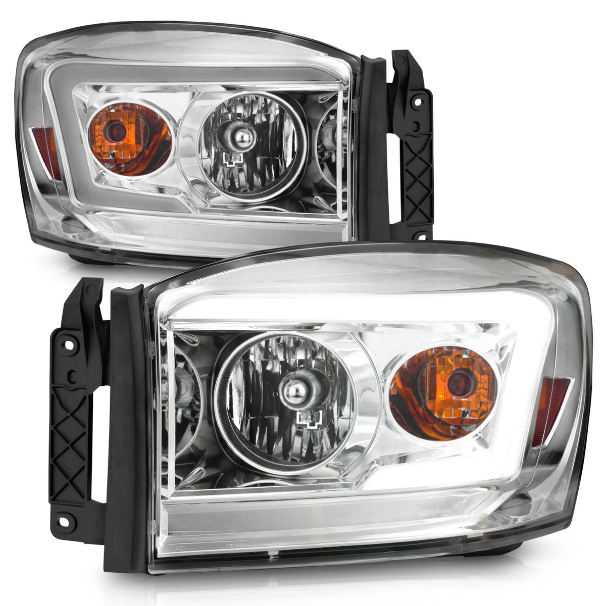 Crystal Headlight Set W/ Light Bar Style Chrome Housing Clear Lens Pair Dodge Ram 1500/2500/3500 2006-2008 AnzoUSA-1