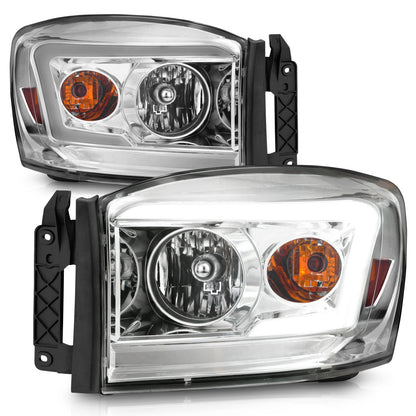 Crystal Headlight Set W/ Light Bar Style Chrome Housing Clear Lens Pair Dodge Ram 1500/2500/3500 2006-2008 AnzoUSA-1