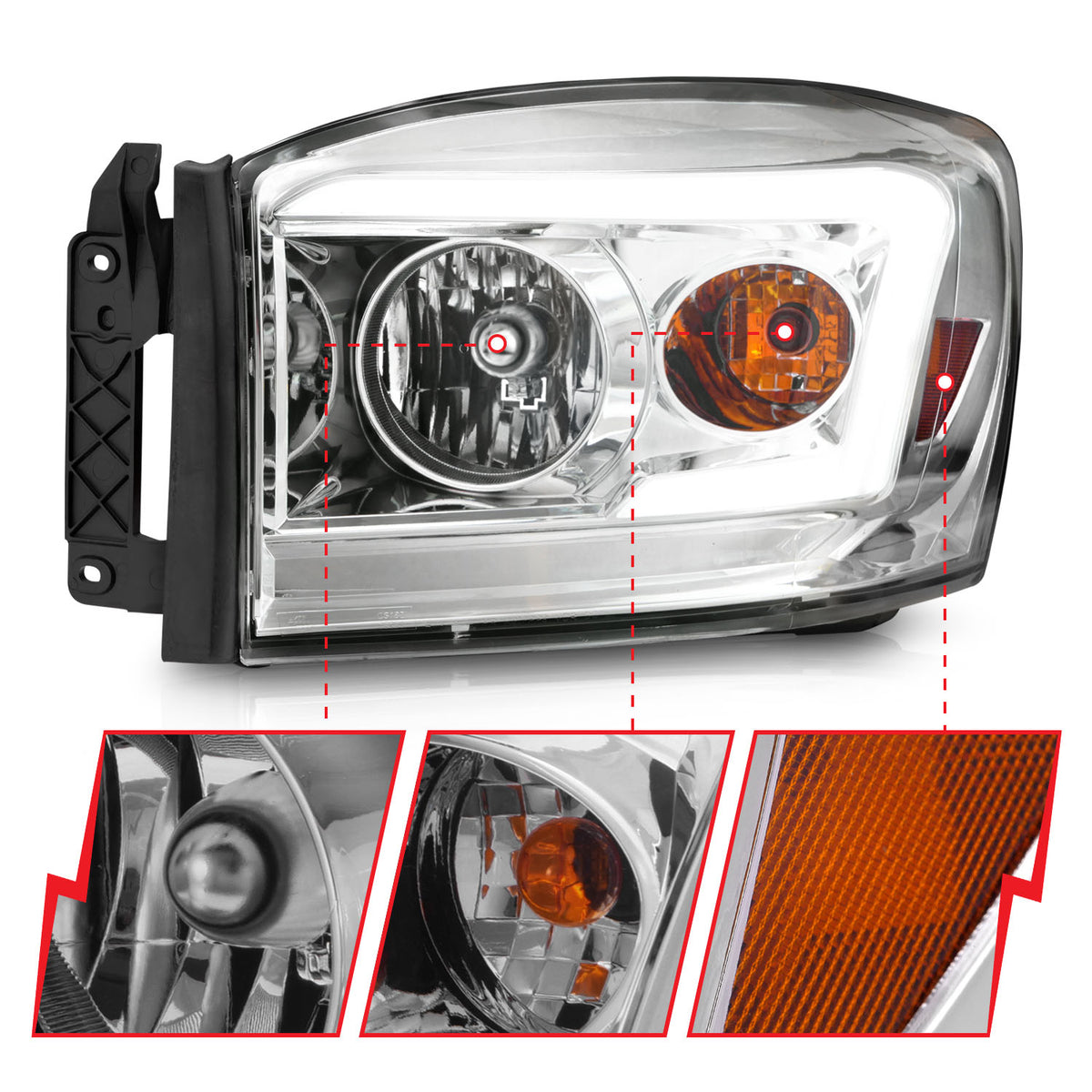 Crystal Headlight Set W/ Light Bar Style Chrome Housing Clear Lens Pair Dodge Ram 1500/2500/3500 2006-2008 AnzoUSA-2
