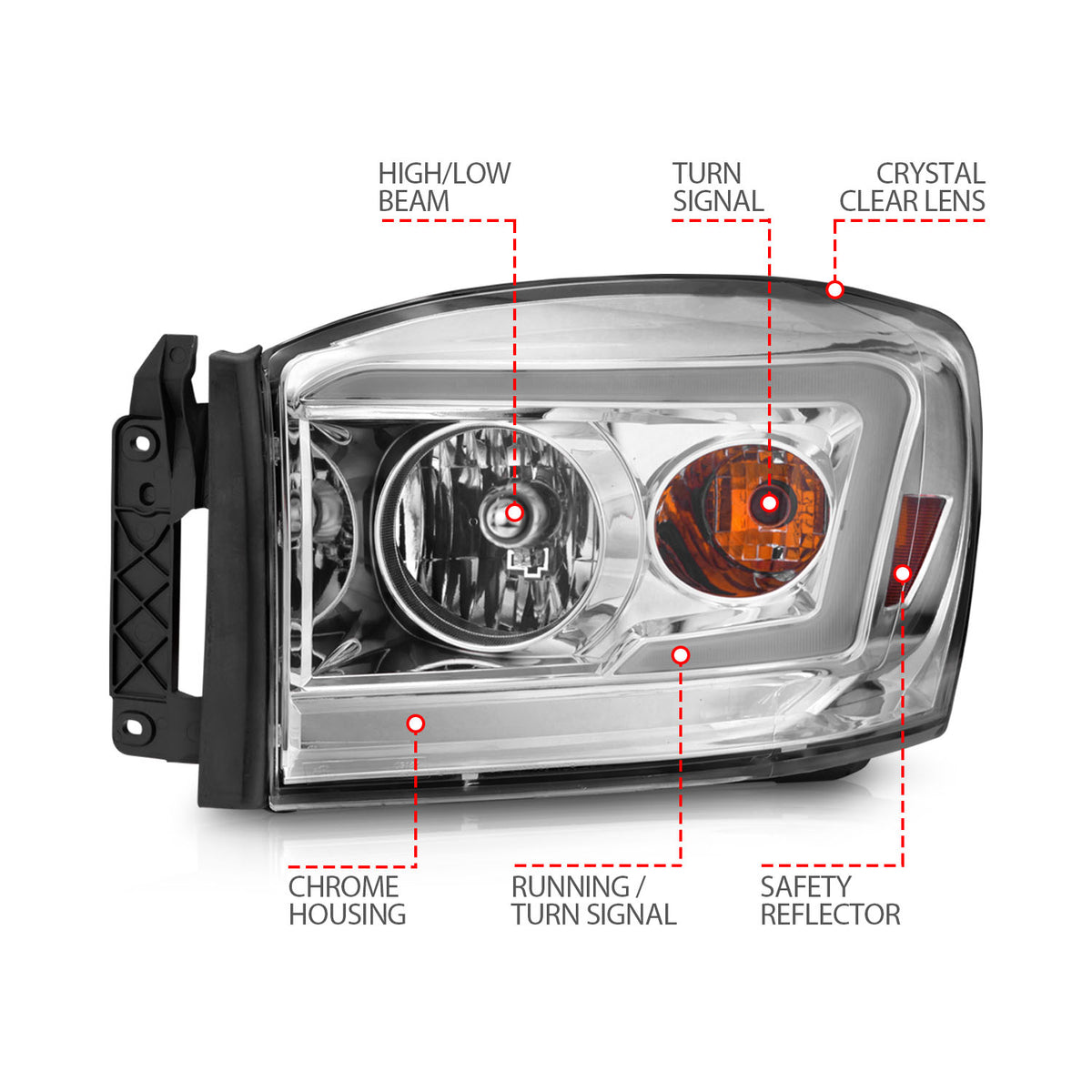 Crystal Headlight Set W/ Light Bar Style Chrome Housing Clear Lens Pair Dodge Ram 1500/2500/3500 2006-2008 AnzoUSA-3