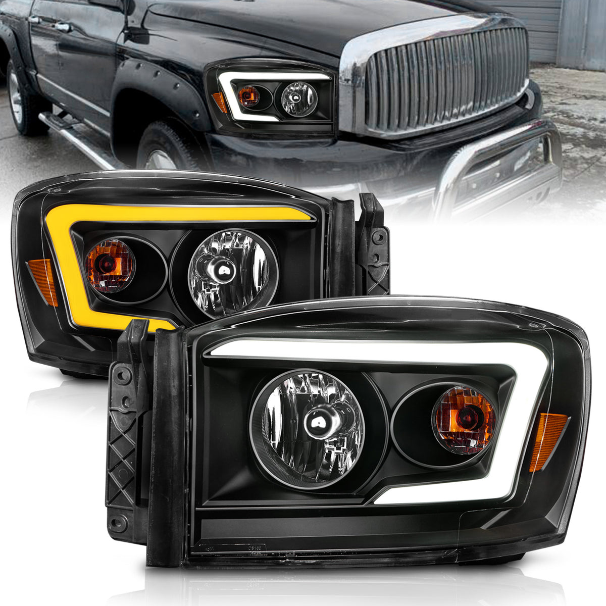 Crystal Headlight Set W/ Light Bar Style Switchback Black Housing Clear Lens Pair Dodge Ram 1500/2500/3500 2006-2008 AnzoUSA