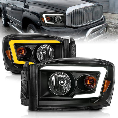 Crystal Headlight Set W/ Light Bar Style Switchback Black Housing Clear Lens Pair Dodge Ram 1500/2500/3500 2006-2008 AnzoUSA
