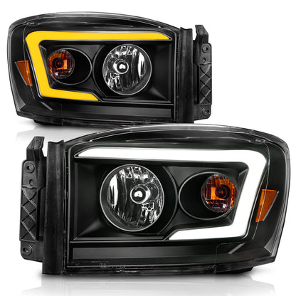 Crystal Headlight Set W/ Light Bar Style Switchback Black Housing Clear Lens Pair Dodge Ram 1500/2500/3500 2006-2008 AnzoUSA-1