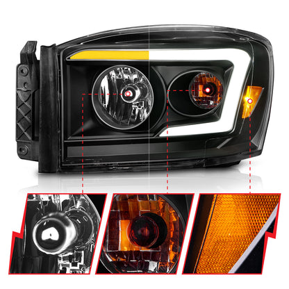 Crystal Headlight Set W/ Light Bar Style Switchback Black Housing Clear Lens Pair Dodge Ram 1500/2500/3500 2006-2008 AnzoUSA-2