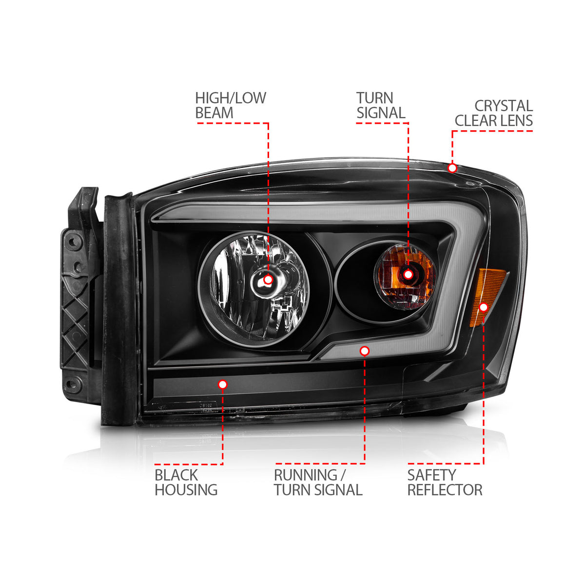 Crystal Headlight Set W/ Light Bar Style Switchback Black Housing Clear Lens Pair Dodge Ram 1500/2500/3500 2006-2008 AnzoUSA-3