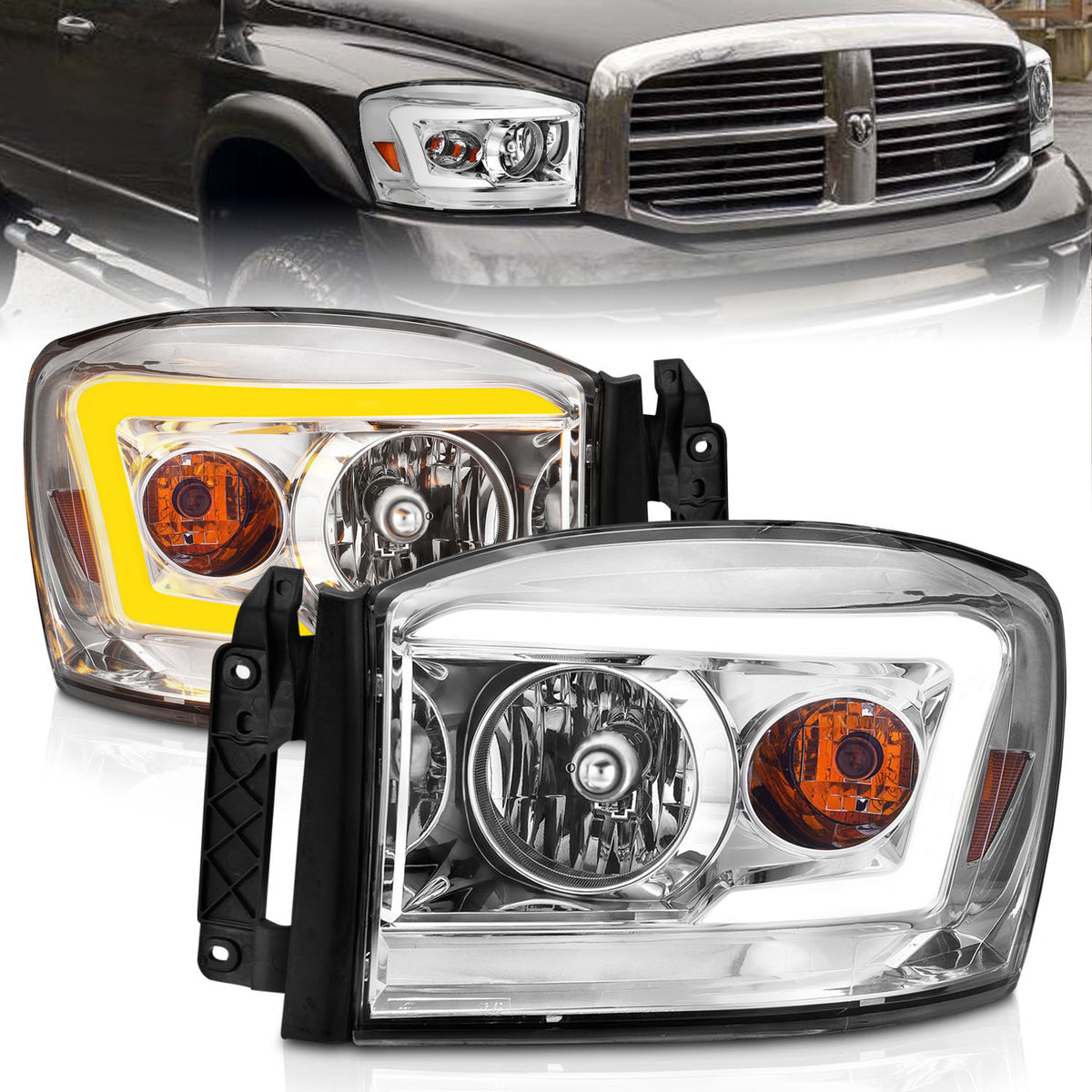 Crystal Headlight W/ Light Bar Switchback Chrome Housing Clear Lens Ram 1500 06-08 / Ram 2500/3500 06-09 Crystal Switchback C Bar Headlights Chrome Dodge Ram 1500/2500/3500 2006-2008 AnzoUSA