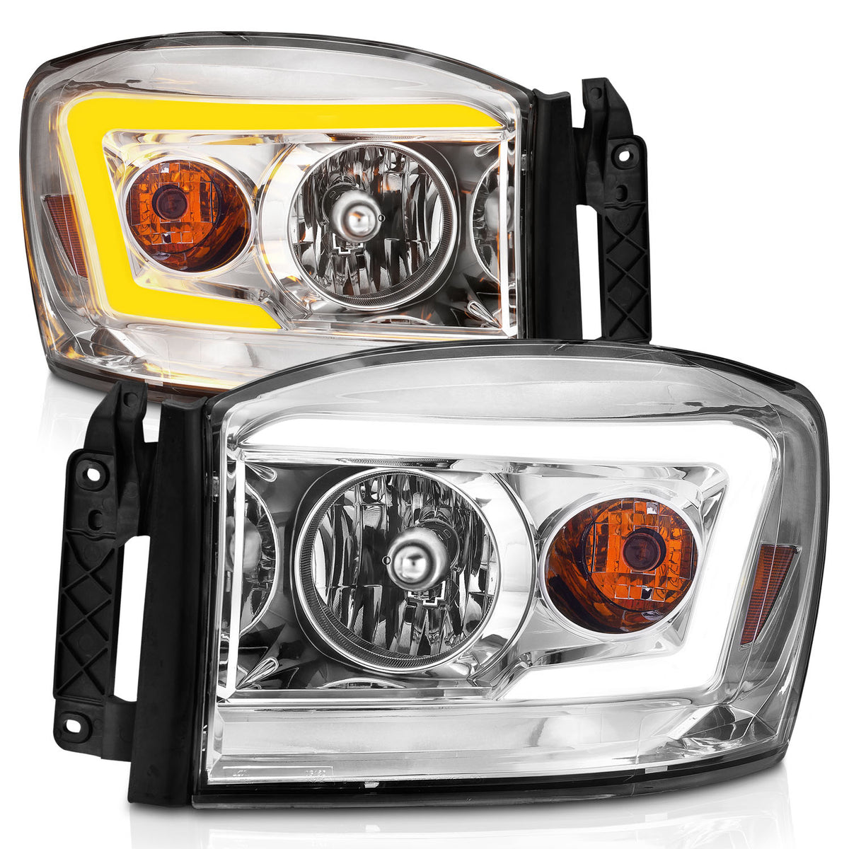 Crystal Headlight W/ Light Bar Switchback Chrome Housing Clear Lens Ram 1500 06-08 / Ram 2500/3500 06-09 Crystal Switchback C Bar Headlights Chrome Dodge Ram 1500/2500/3500 2006-2008 AnzoUSA-1