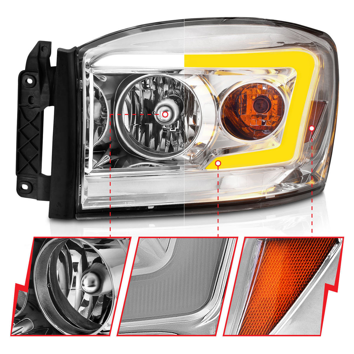 Crystal Headlight W/ Light Bar Switchback Chrome Housing Clear Lens Ram 1500 06-08 / Ram 2500/3500 06-09 Crystal Switchback C Bar Headlights Chrome Dodge Ram 1500/2500/3500 2006-2008 AnzoUSA-2