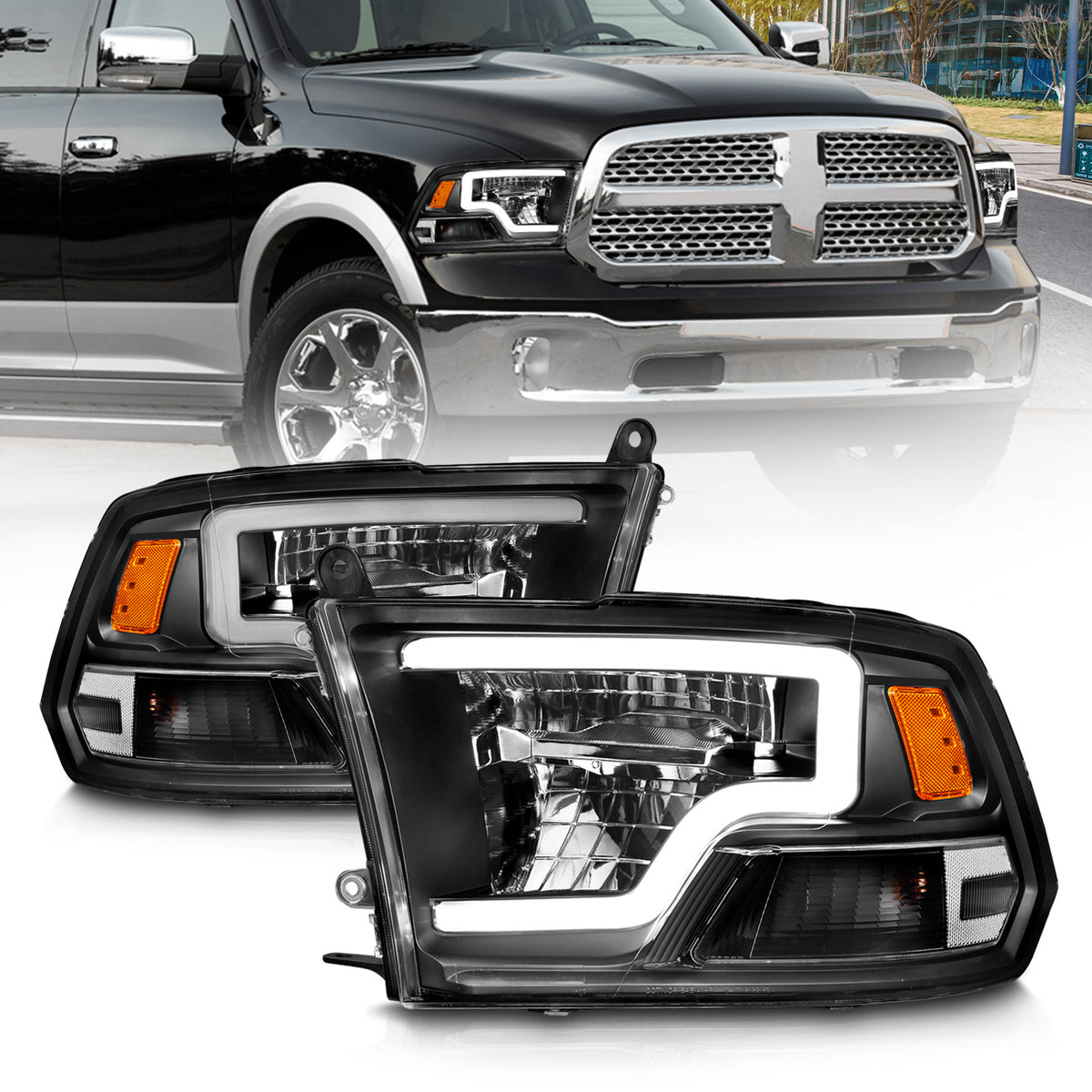 LED Projector Headlights W/ Light Bar Style Black Housing Clear Lens PairRam 1500/2500/3500 2011-2018 AnzoUSA