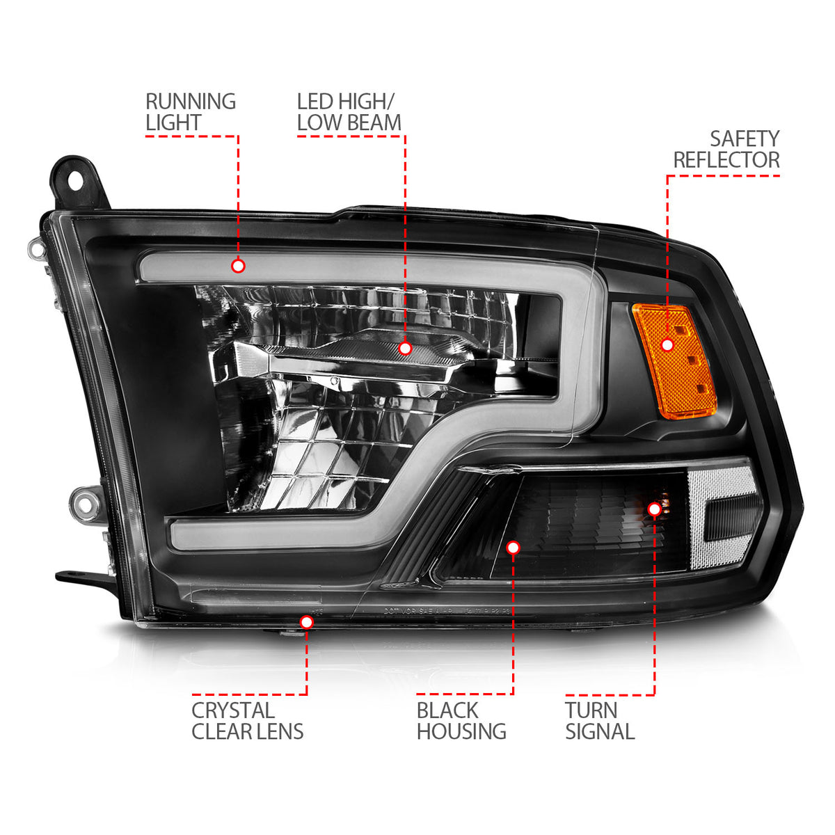 LED Projector Headlights W/ Light Bar Style Black Housing Clear Lens PairRam 1500/2500/3500 2011-2018 AnzoUSA-3