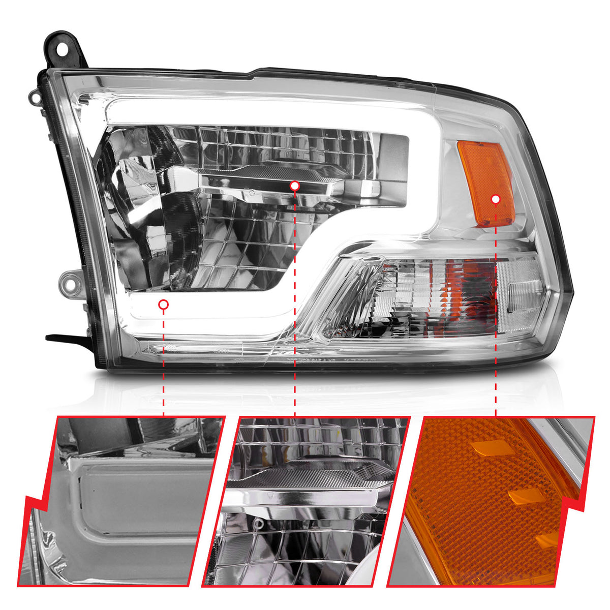LED Projector Headlights W/ Light Bar Style Chrome Housing Clear Lens PairRam 1500/2500/3500 2011-2018 AnzoUSA-2