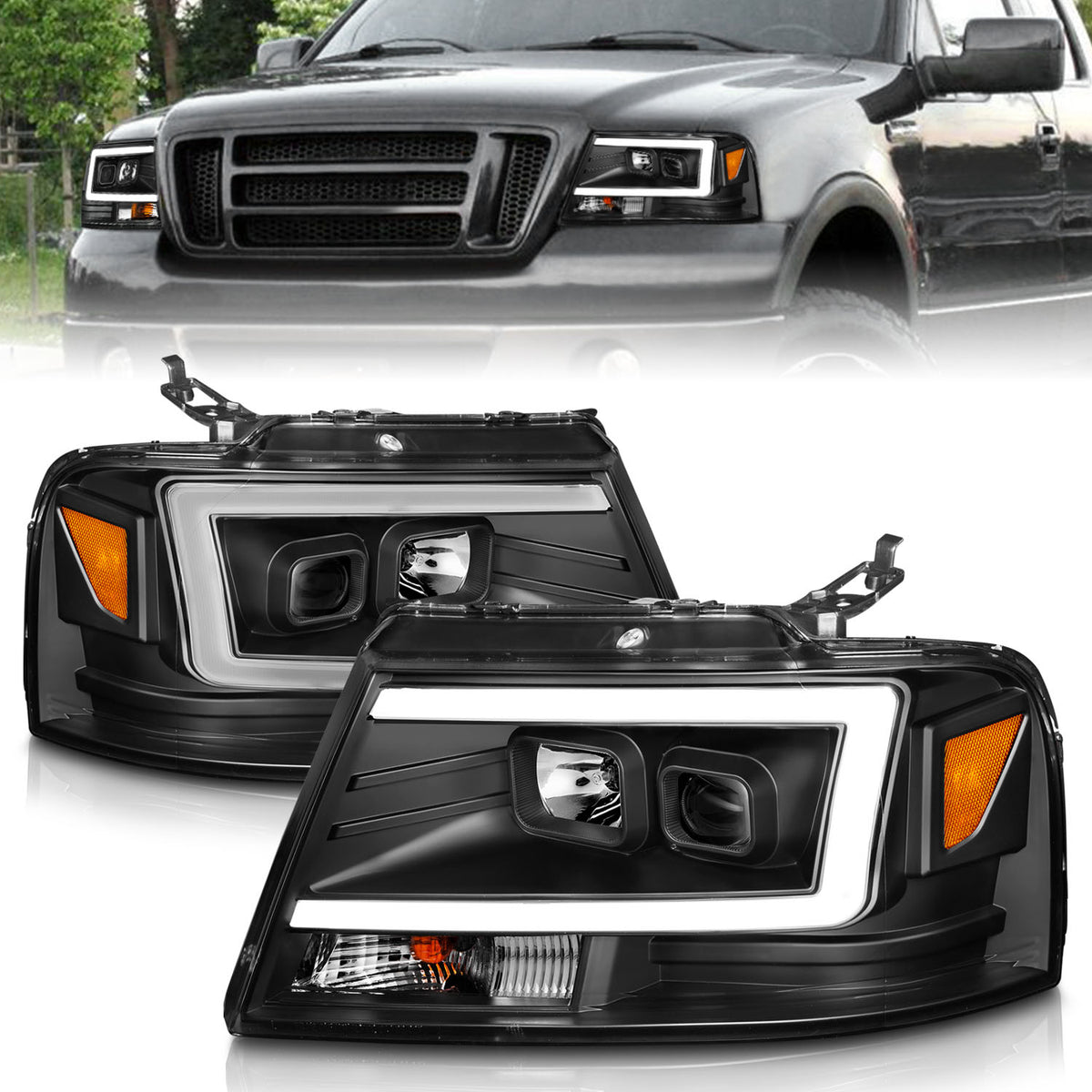 Projector Headlights W/ Light Bar Style Black Housing Clear Lens Pair Ford F-150 2004-2008, Lincoln Mark LT 2006-2008 AnzoUSA