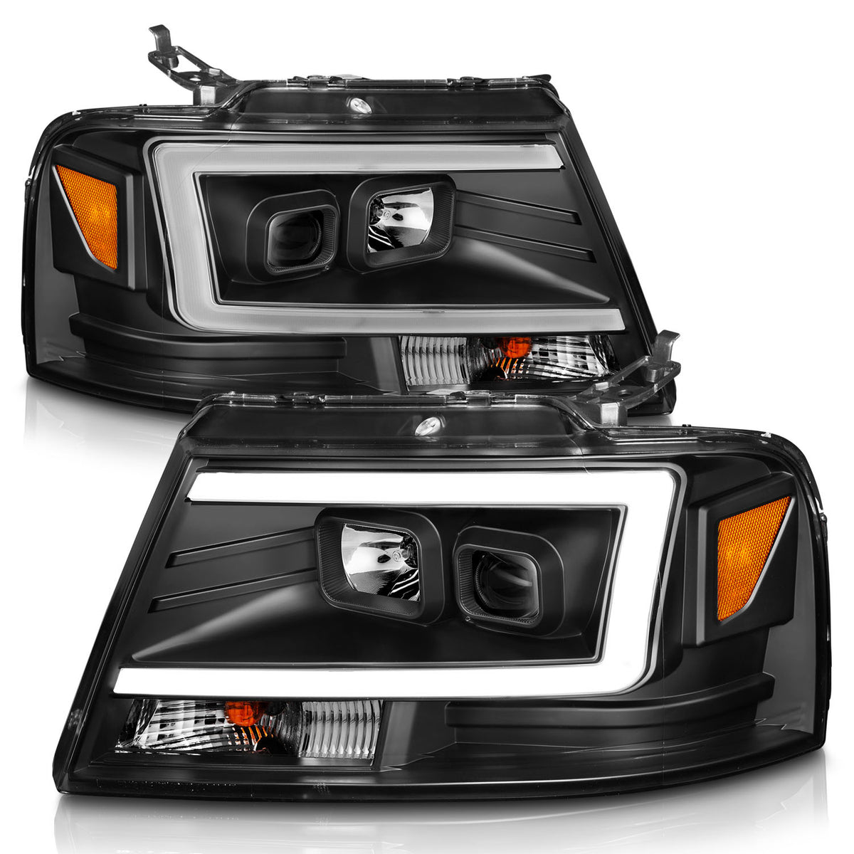 Projector Headlights W/ Light Bar Style Black Housing Clear Lens Pair Ford F-150 2004-2008, Lincoln Mark LT 2006-2008 AnzoUSA-1