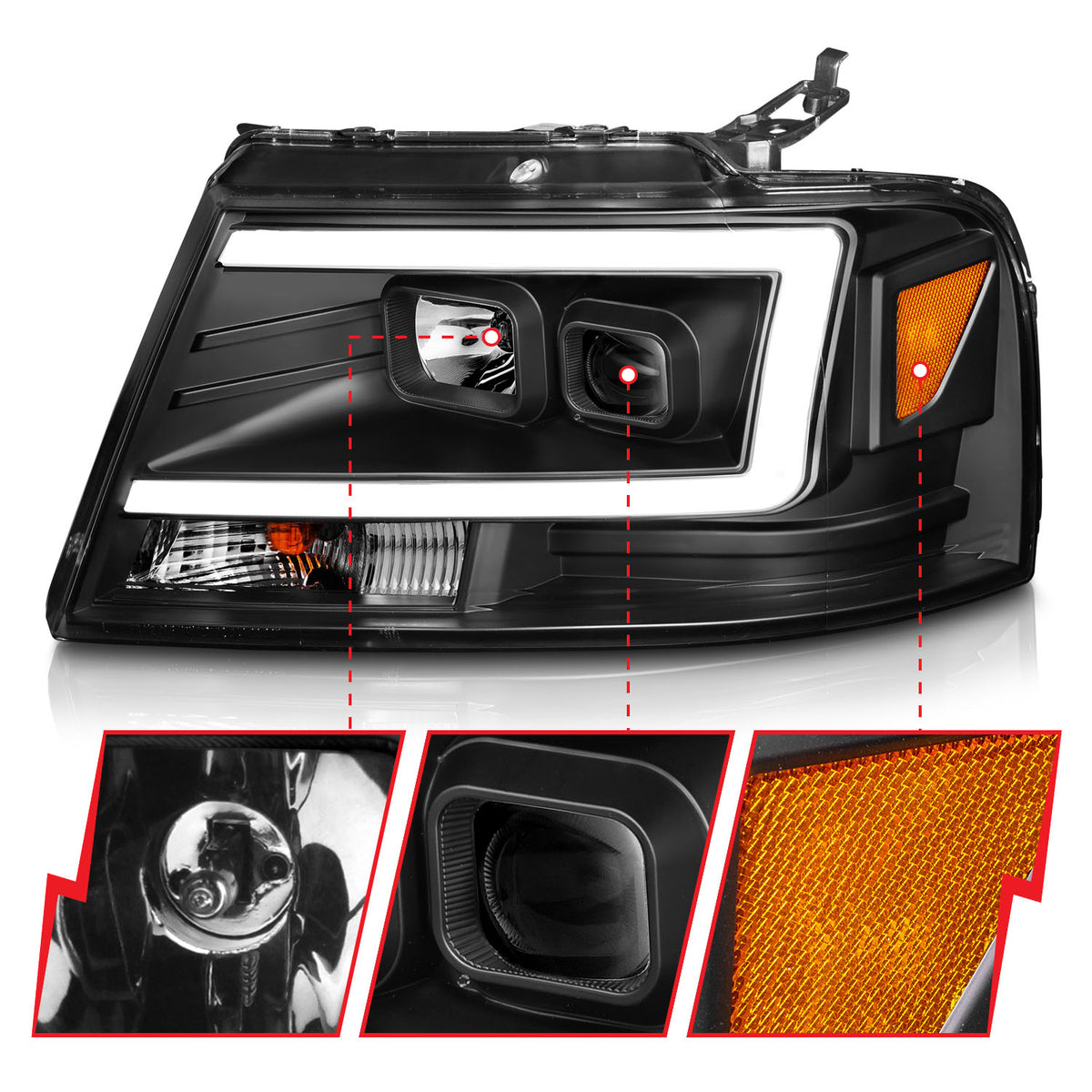 Projector Headlights W/ Light Bar Style Black Housing Clear Lens Pair Ford F-150 2004-2008, Lincoln Mark LT 2006-2008 AnzoUSA-2