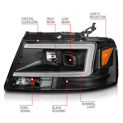 Projector Headlights W/ Light Bar Style Black Housing Clear Lens Pair Ford F-150 2004-2008, Lincoln Mark LT 2006-2008 AnzoUSA-3