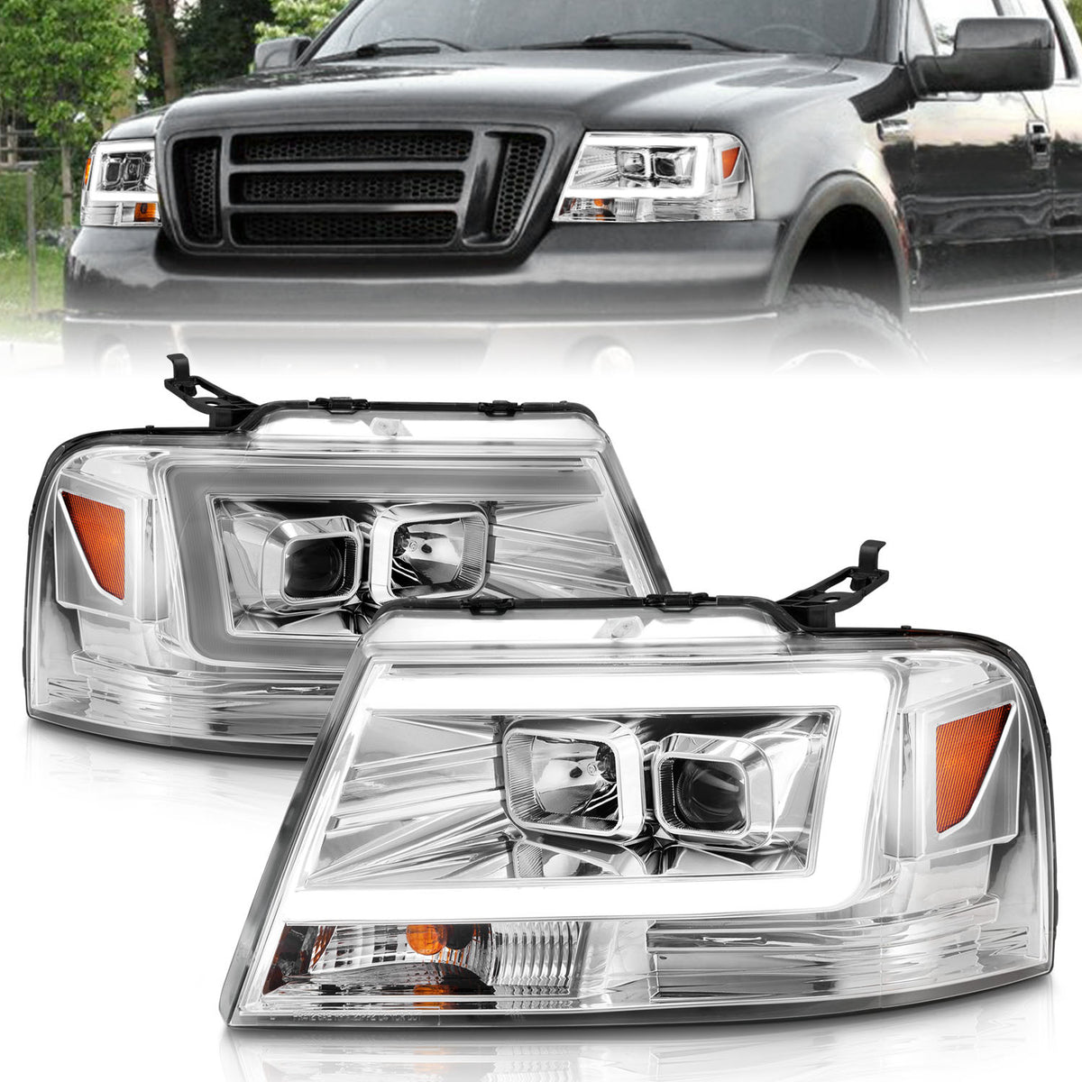 Projector Headlights W/ Light Bar Style Chrome Housing Clear Lens Pair Ford F-150 2004-2008, Lincoln Mark LT 2006-2008 AnzoUSA