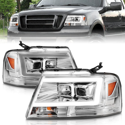 Projector Headlights W/ Light Bar Style Chrome Housing Clear Lens Pair Ford F-150 2004-2008, Lincoln Mark LT 2006-2008 AnzoUSA