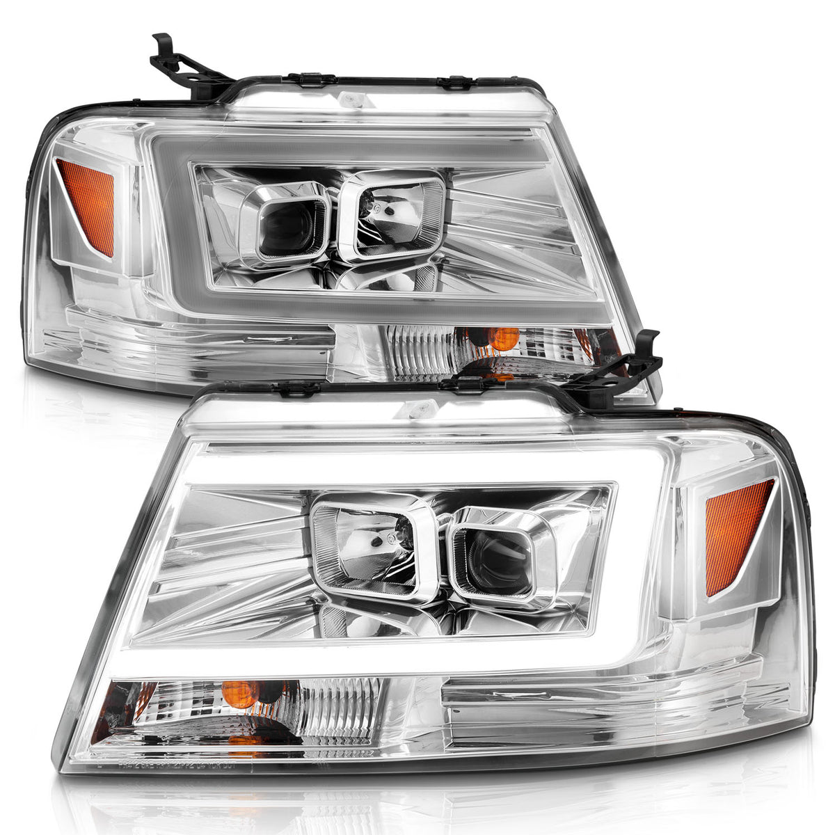 Projector Headlights W/ Light Bar Style Chrome Housing Clear Lens Pair Ford F-150 2004-2008, Lincoln Mark LT 2006-2008 AnzoUSA-1