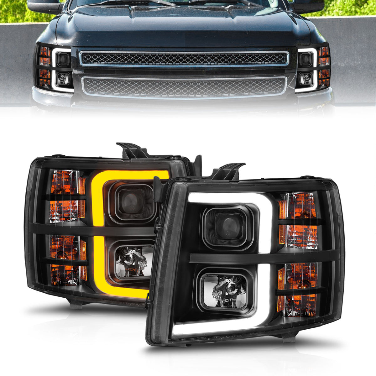 Projector Headlights W/ Light Bar Style Sequential Black Housing Clear Lens Pair Chevrolet Silverado 1500/3500 2007-2013, 2500/2500 HD/3500 HD 2007-2014 AnzoUSA