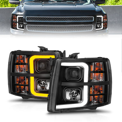 Projector Headlights W/ Light Bar Style Sequential Black Housing Clear Lens Pair Chevrolet Silverado 1500/3500 2007-2013, 2500/2500 HD/3500 HD 2007-2014 AnzoUSA